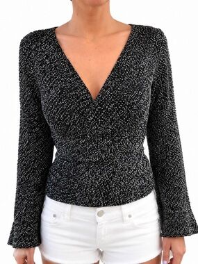 J.B.S. LTD Vintage 90s Y2K Black Silver Glitter Wrap Bell Sleeve Top Small